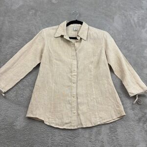 VTG Y2K‎ Old Navy Linen Button Up Shirt Womens S Beige Satin Trim Bow Tie Preppy